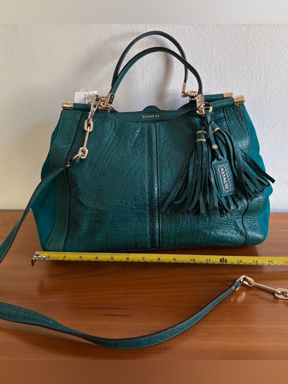Coach Teal Green Leather Tassel Shoulder Bag - Picture 13 of 16